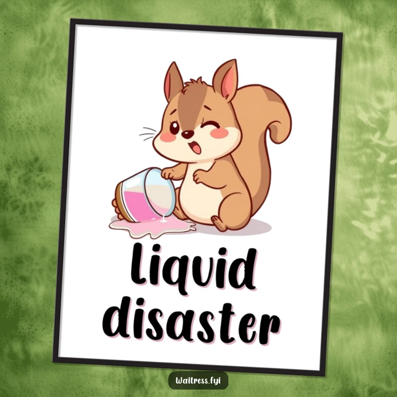 Funny digital art print of a startled squirrel spilling a drink, instantly downloadable for humorous and chaotic decor.