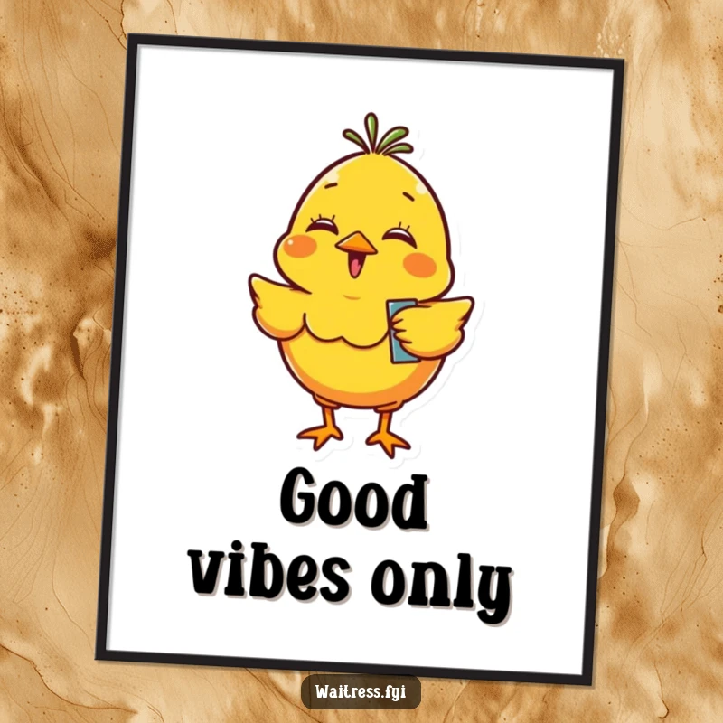 Funny yellow chick character giggling ecstatically, bouncing with a tiny order pad, a burst of pure, joyful excitement.