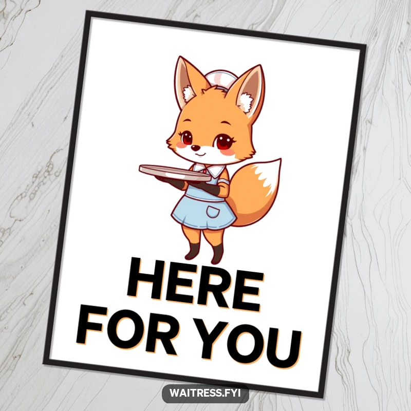 Funny fox diner digital art print of a cute fox in a diner uniform holding a tray.