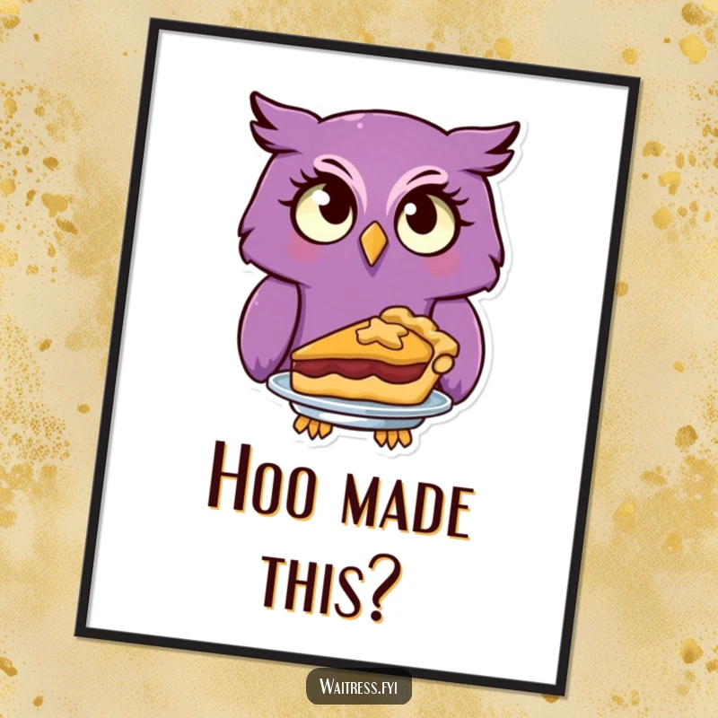 Funny purple owl with a quizzical look serves a delightful pie in this whimsical digital art print.