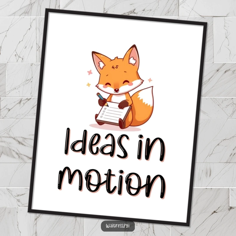 Funny fox order taker digital art print of a playful fox scribbling on a notepad, humorous and artistic.