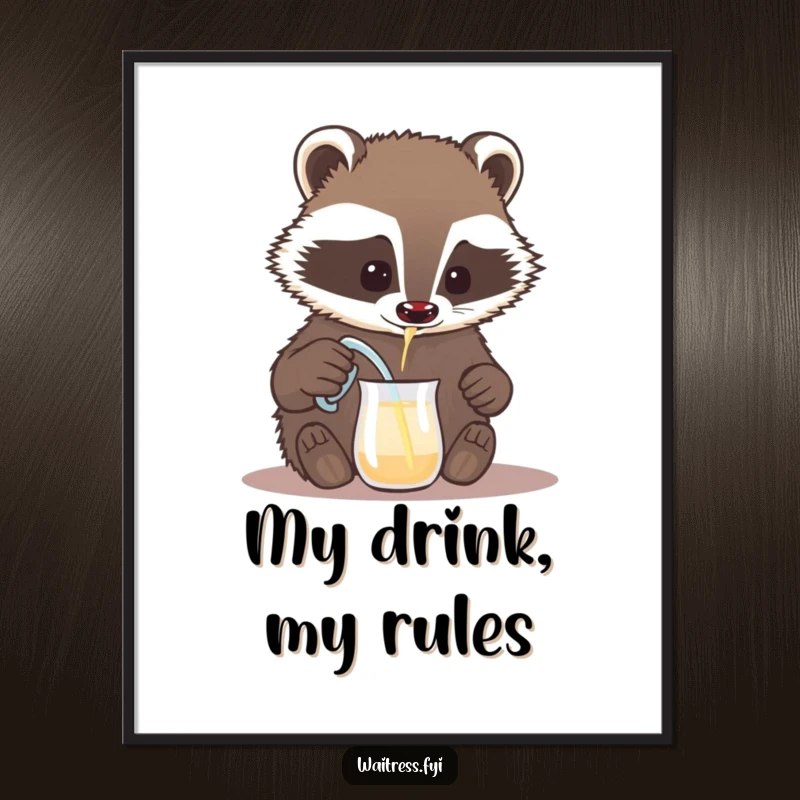 Funny badger digital art print, a brave badger carefully pouring a drink from a tiny pitcher. Humorous and sophisticated artwork.