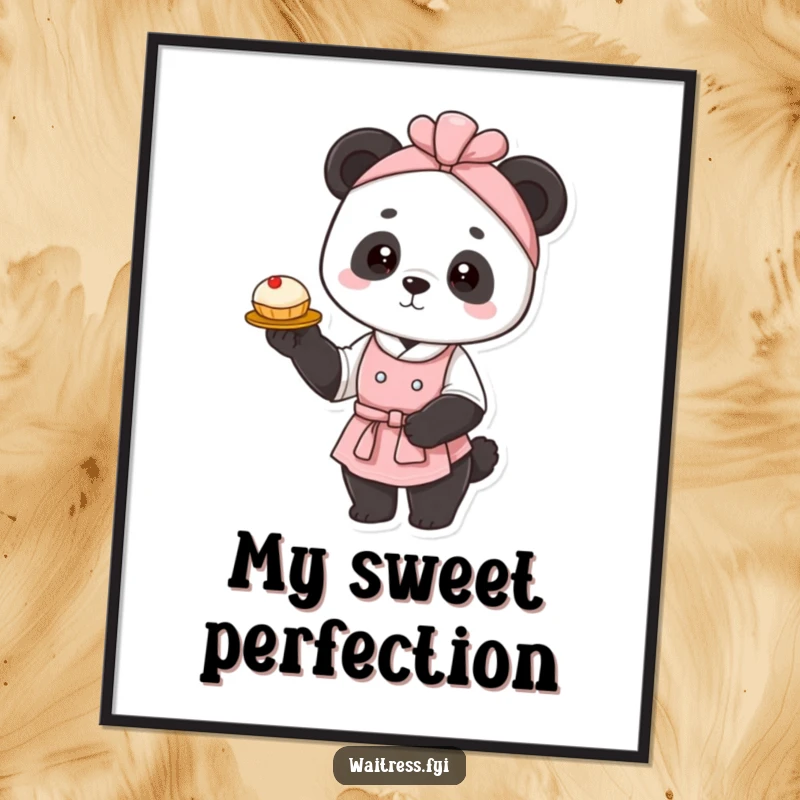 Funny panda waitress digital art print showing a graceful panda presenting a delicate pastry, offering instant elegant humor for download and display.