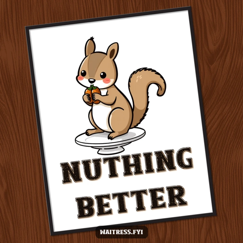 Funny Squirrel Nut Digital Art Print showing a squirrel balancing nuts on a dish, ready to print and add humor to any space.