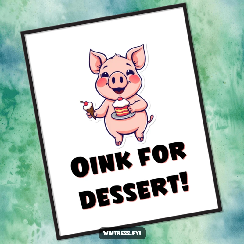 Funny pig dessert digital art print of a happy cartoon pig holding a slice of cake, smiling widely and ready to share.