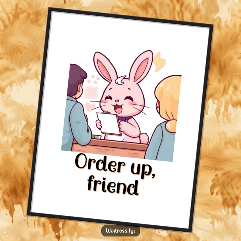 Funny pink rabbit character with a notepad, cheerfully taking an order, as a digital art print, a funny gift.