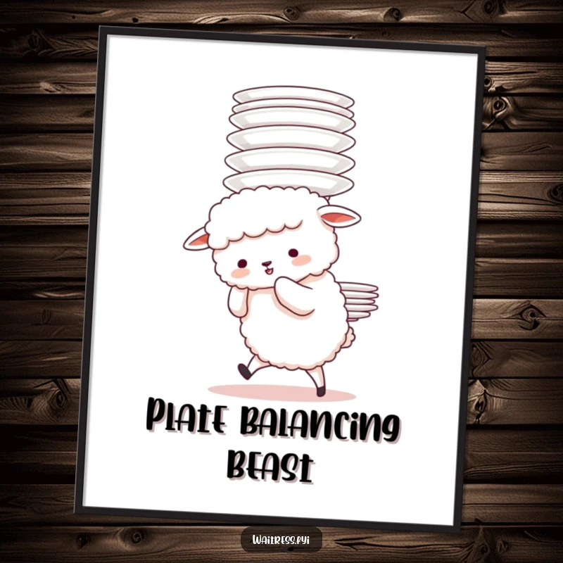 Funny Sheep Plate Struggle Digital Art Print of a fluffy sheep character adorably struggling to carry a tall stack of plates, ready for instant download.