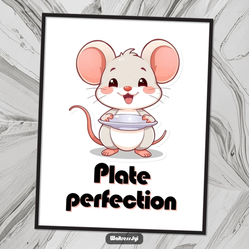 Funny Kawaii mouse digital art print of a smiling mouse presenting a plate with a flourish, for instant elegant decor.