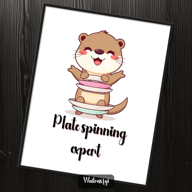 Funny cheerful otter character balancing a stack of imaginary plates, offered as a digital art print for immediate download and display.