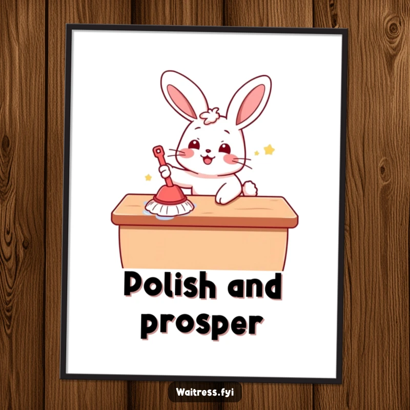 Funny Kawaii Bunny Digital Art Print: A cheerful cartoon bunny cleaning a table, ideal for instant, cute wall decor.