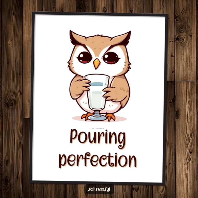 Funny Owl Digital Art Print: Determined owl character refilling a glass, symbolizing attentiveness, a perfect funny gift.