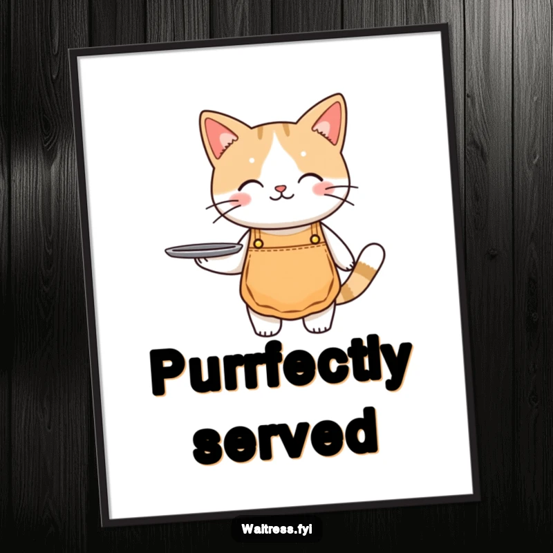 Funny cat waiter digital art print of a cute cat wearing an apron, holding a tray, for instant decor.