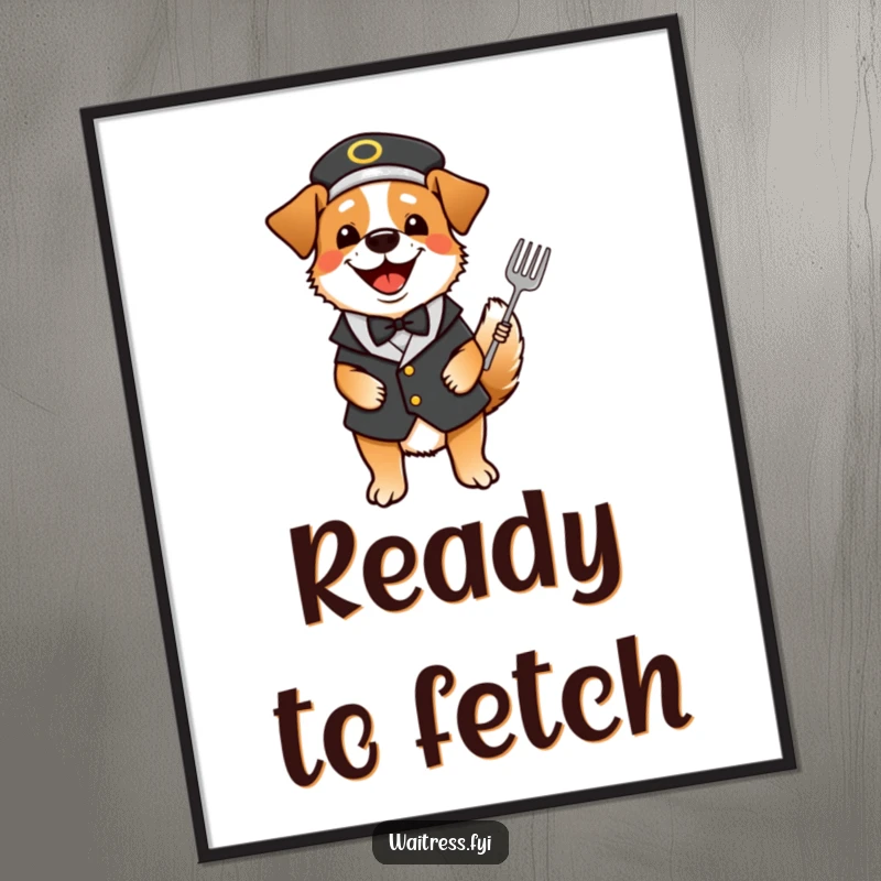Funny dog waiter digital art print of a happy dog dressed as a waiter, tail wagging with excitement.