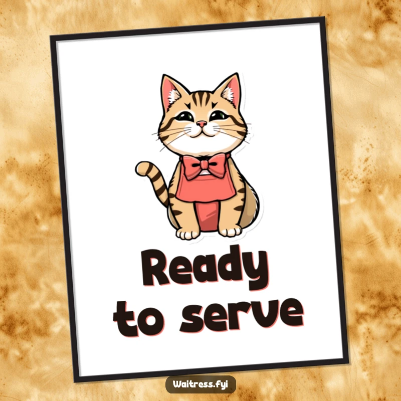 Funny cat waiter digital art print of a cat wearing a bowtie and apron.