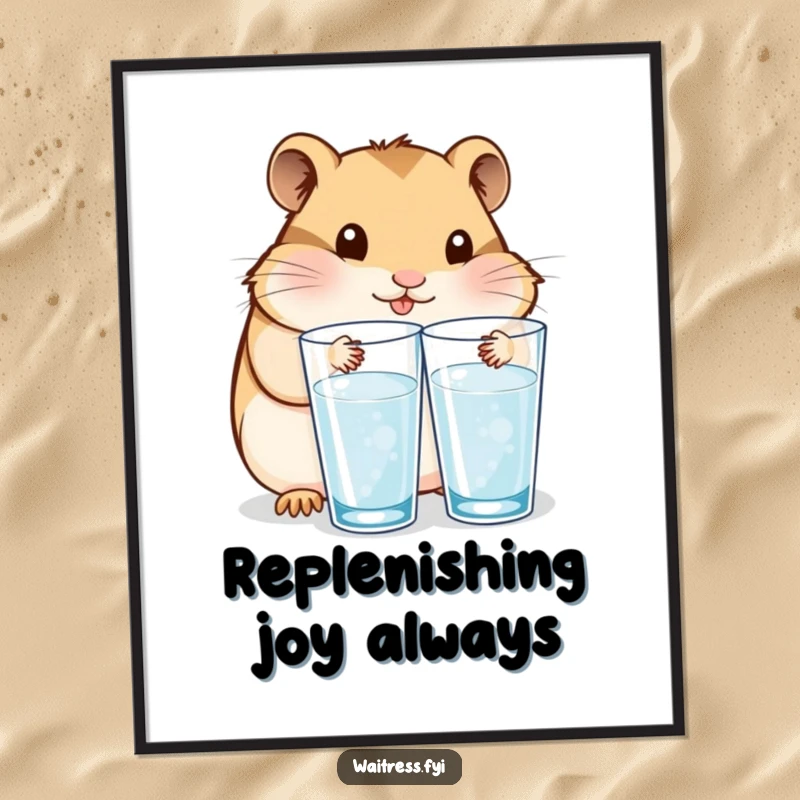 Funny digital art print of a Kawaii hamster carefully refilling water glasses, perfect for adding a touch of attentive service.