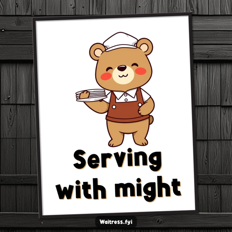 Funny bear waiter digital art print of a cheerful bear in a uniform balancing plates, for instant decor.