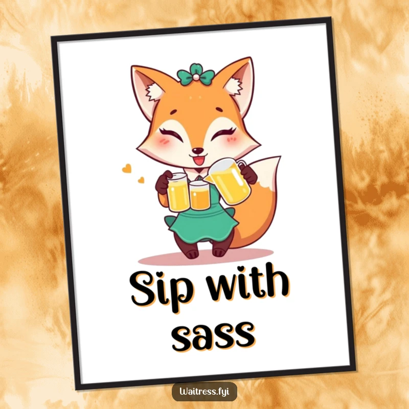 Funny Fox Waitress Digital Art: Winking fox pouring juice, printable humorous illustration.
