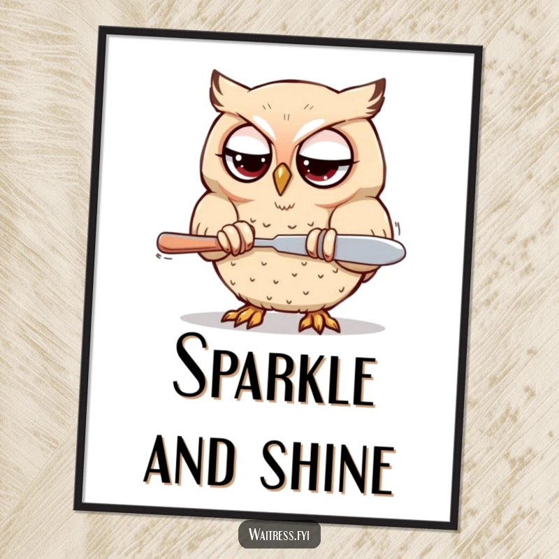 Funny Kawaii owl digital art print of a determined owl polishing silverware with focused eyes, for instant decor.