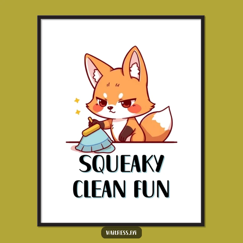 Funny Fox Cleaning Digital Art - Determined Character Printable, Instant Gift