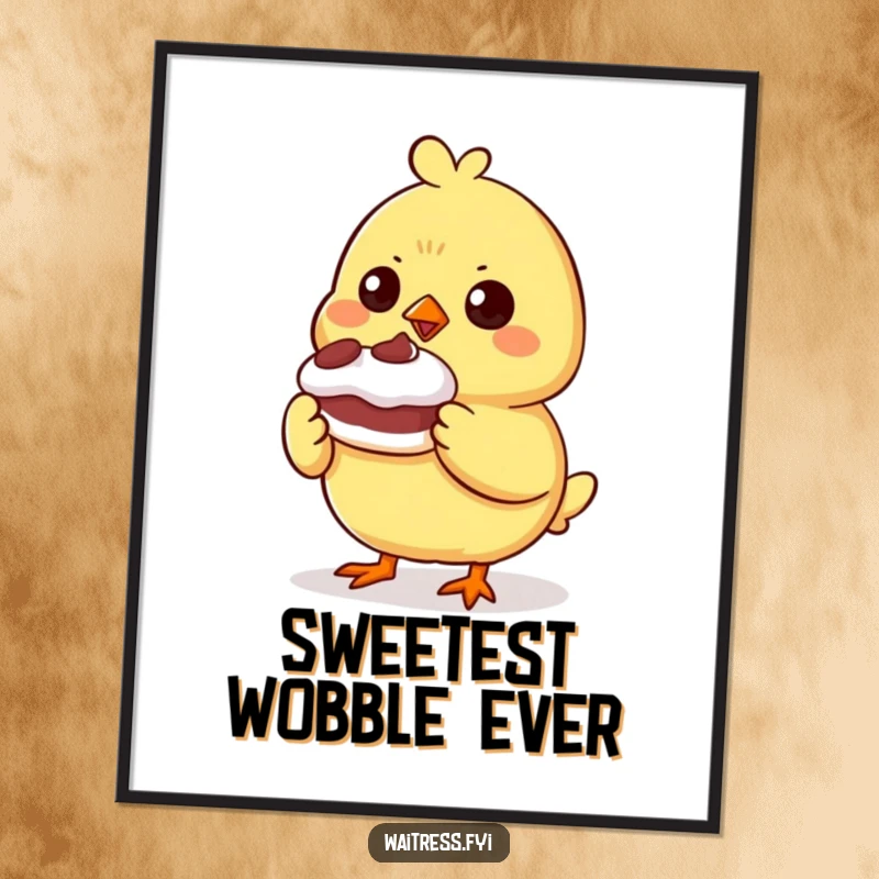 Funny determined chick character presenting a small, wobbly dessert with pride, offered as a digital art print for immediate display.