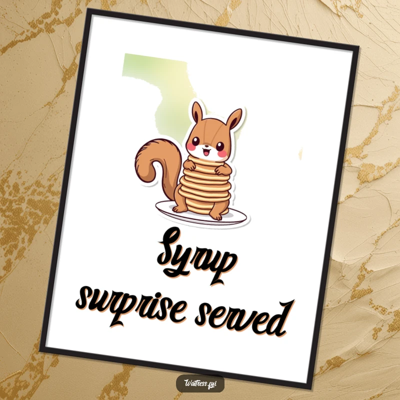 Funny squirrel pancakes digital art print of a silly cartoon squirrel balancing a tower of pancakes, looking proud of its creation.