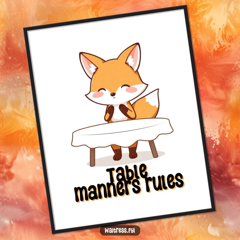 Funny digital art print of a blushing fox performing a polite curtsy while clearing a table, ideal for instant, elegant, and humorous decor.