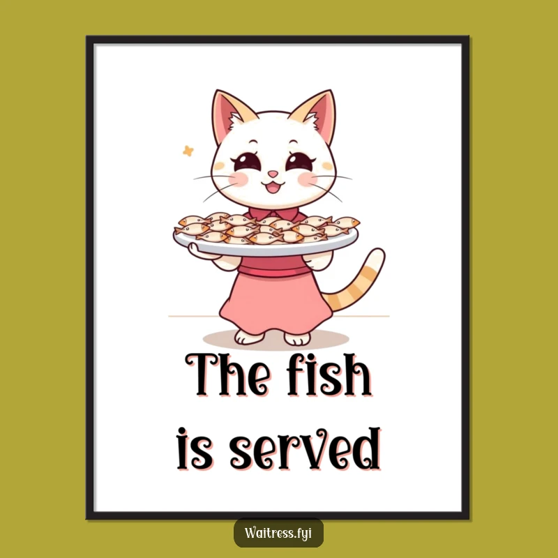 Funny Digital Art Print: Cat Waitress Fish Tray - Hilarious Wall Decor Art, Gift