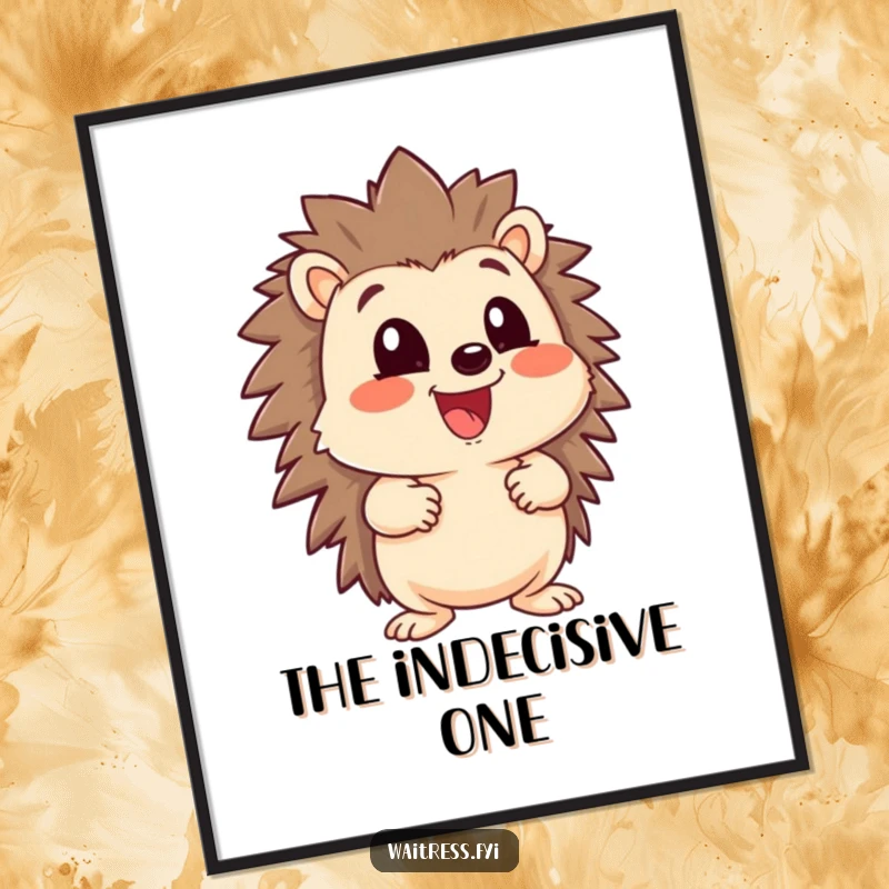 Funny happy hedgehog character with a large menu, looking eager, offered as a digital art print for instant display.