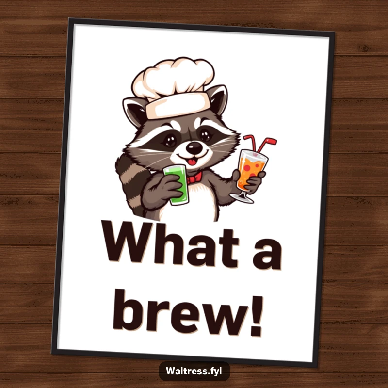 Funny raccoon chef digital art print of a playful raccoon in a chef hat serving drinks.