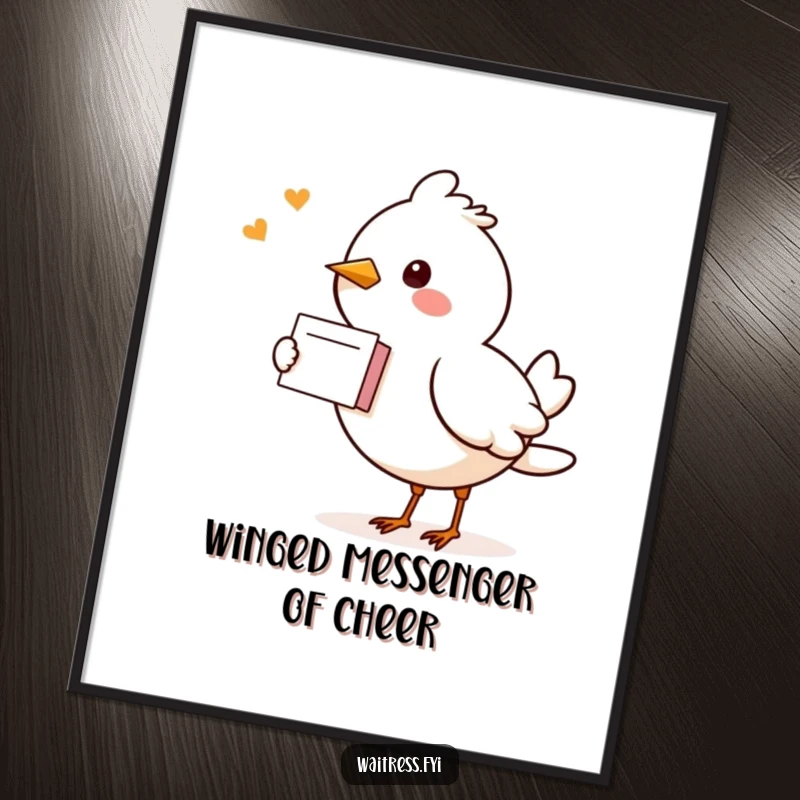 Funny Kawaii Bird Digital Art Print: A kawaii bird joyfully delivers a note, bringing cheer to your digital decor.