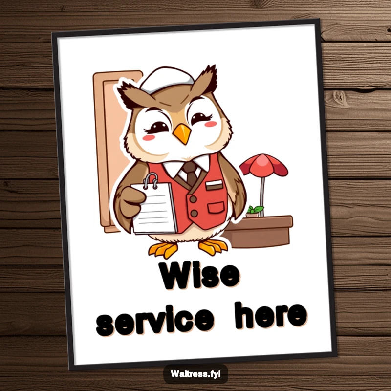 Funny owl server digital art print of a smiling owl in a restaurant vest with a notepad.