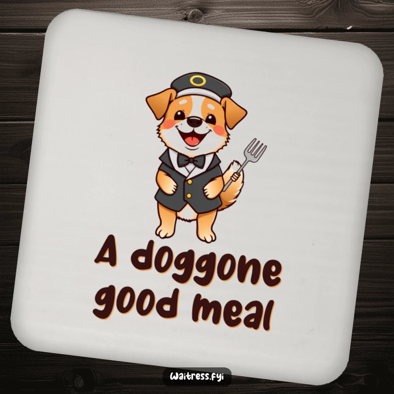 Funny dog waiter coasters with a happy dog dressed as a waiter, tail wagging with excitement.