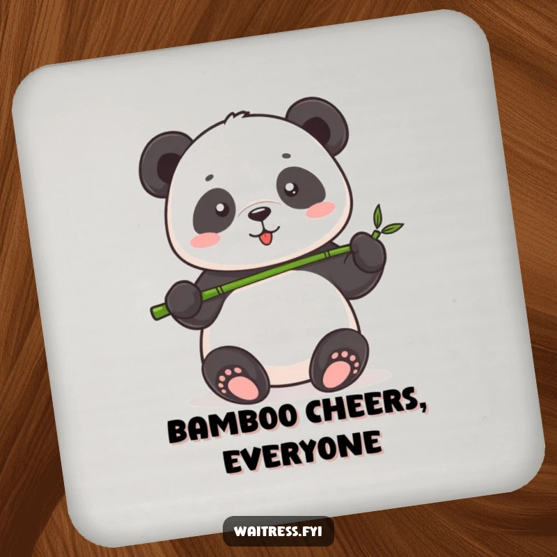 Funny Panda Serving Coasters (Set of 4) showing a cute panda proudly offering a tiny bamboo shoot, adding charm to tabletops.