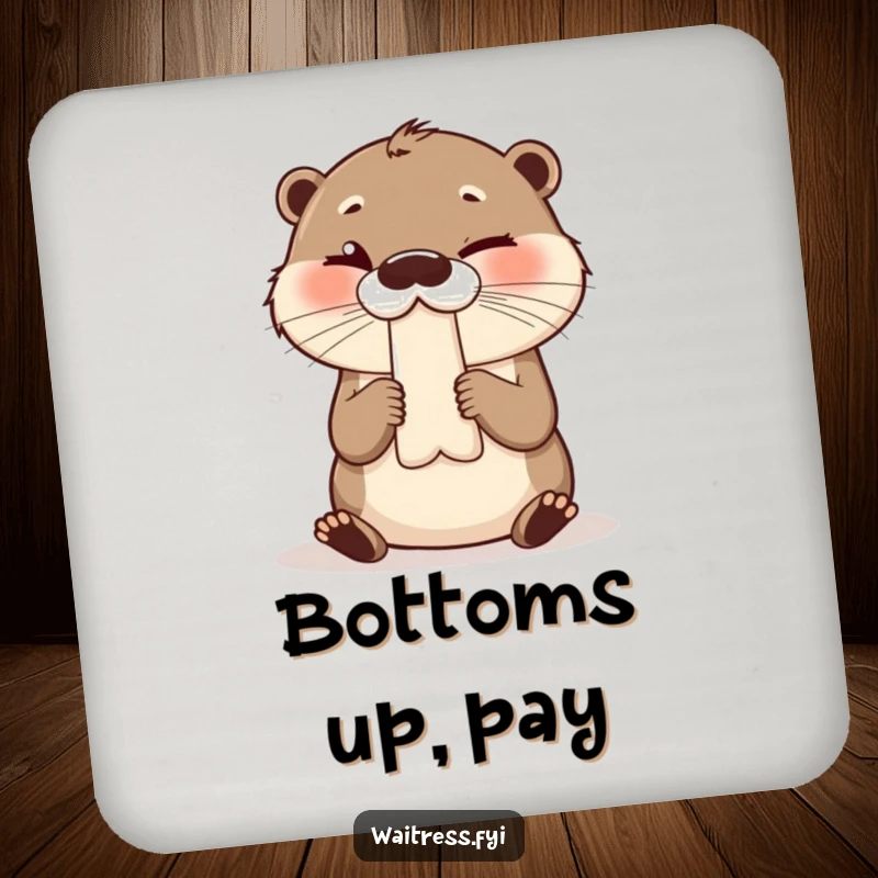 Funny coaster with a giggling otter presenting a bill and a wink, protecting surfaces with humor.