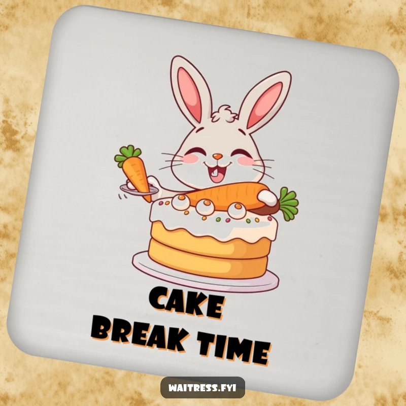 Funny Bunny Baker Drink Coasters featuring a giggling bunny serving a giant carrot cake with flair.