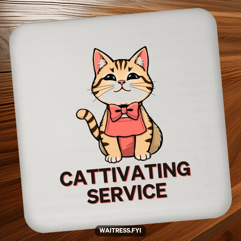 Funny cat waiter coasters showcasing a cat wearing a bowtie and apron.