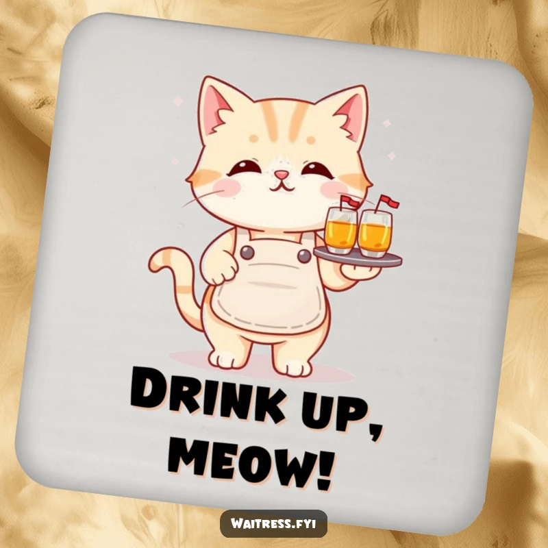 Funny kawaii cat coasters depicting a cute cat balancing drinks, protecting tables with humor, ideal as a funny gift.