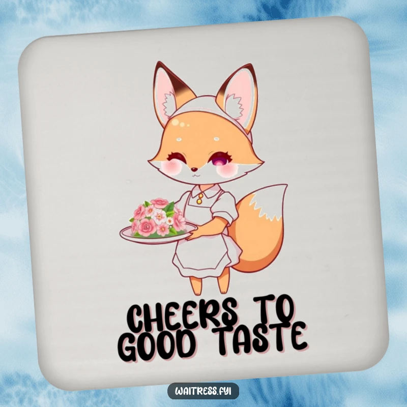 Funny fox waitress coasters depicting a cute fox presenting a flower-decorated dish, protecting tables with humor, ideal as a funny gift.