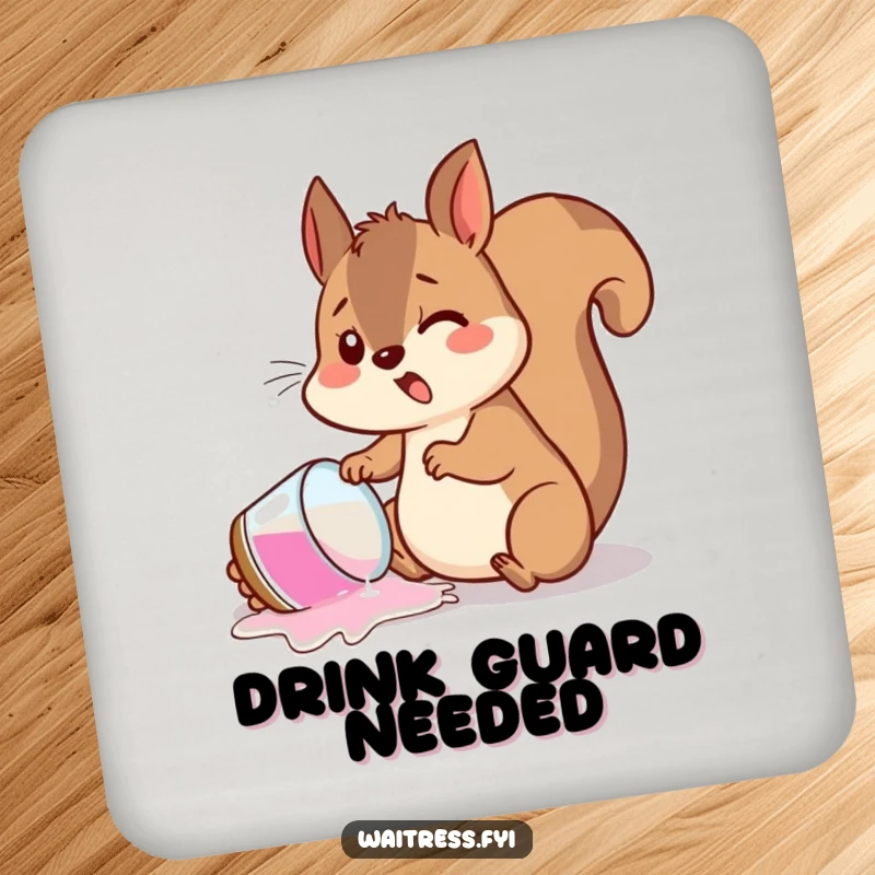 Funny drink coasters with a startled squirrel spilling a drink, adding humor and protecting tables from spills.