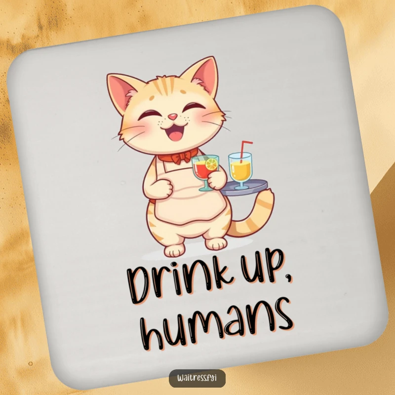 Funny Cat Waiter Drink Coasters featuring a happy cat in an apron, balancing a tray of drinks.