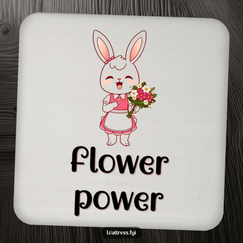 Funny Bunny Waitress Coasters: A cheerful bunny waitress presenting a flower bouquet with a curtsey, offering charming and humorous protection for tables.