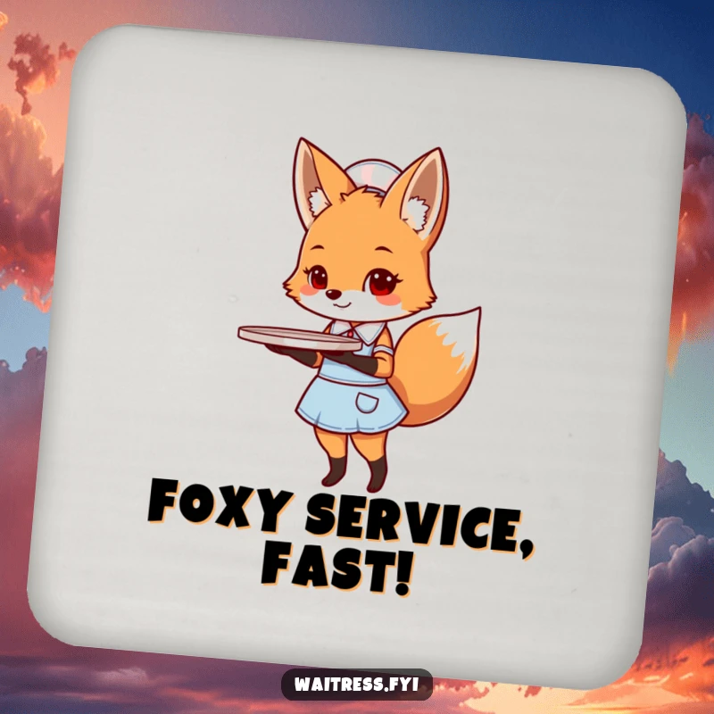 Funny fox diner coasters showcasing a cute fox in a diner uniform holding a serving tray.