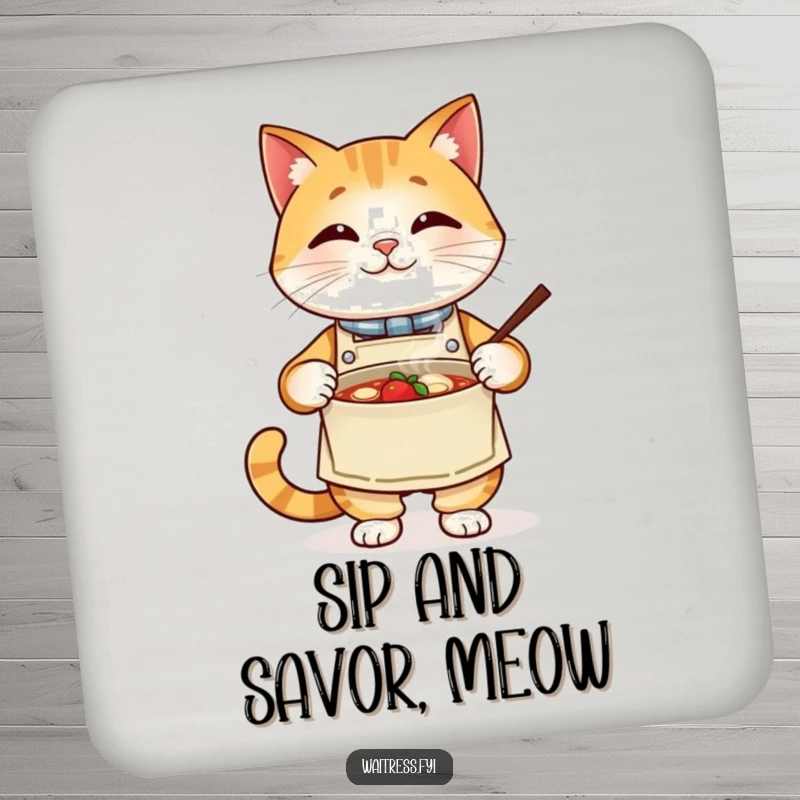 Funny cat chef drink coaster, a proud cat wearing an apron presents a steaming bowl. Protects surfaces with humor.