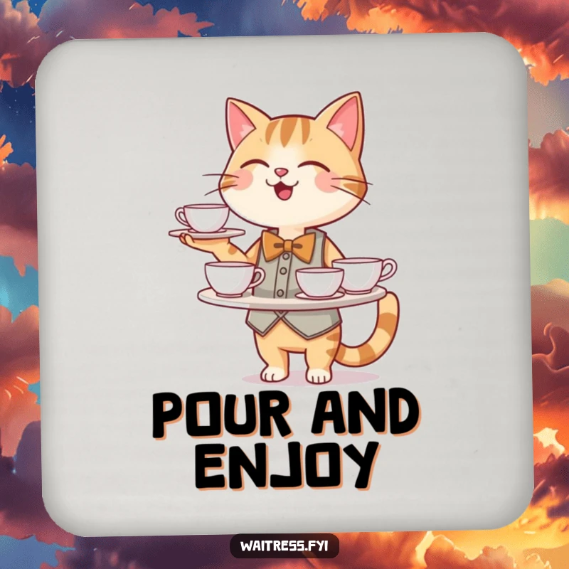 Funny Cat Waiter Drink Coaster: A happy cat waiter in a bowtie balances a tray of teacups.