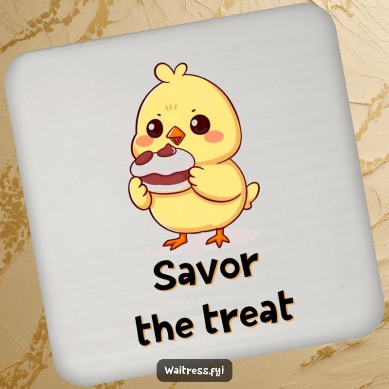 Funny determined chick character presenting a small, wobbly dessert on a drink coaster, protecting tables with a touch of pride.
