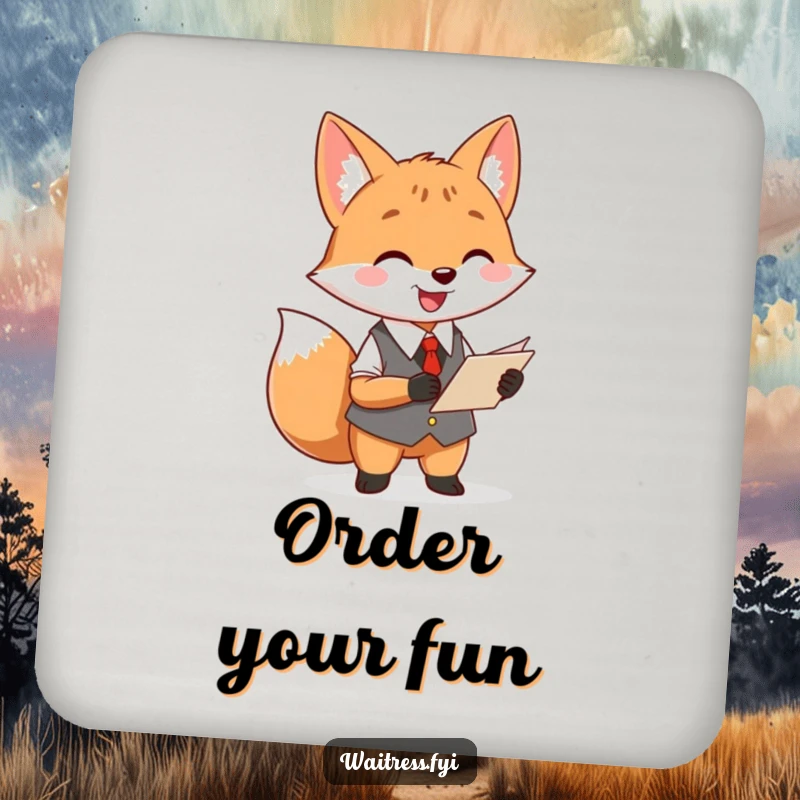 Funny fox waiter drink coaster featuring a cheerful fox taking an order, protecting surfaces with charm.