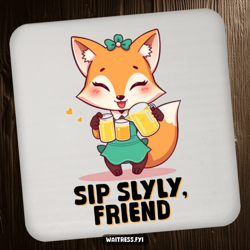 Funny Fox Waitress Coasters: Winking fox pouring juice, set of humorous drink coasters.