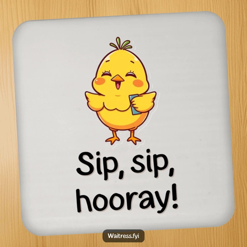 Funny yellow chick character giggling, bouncing with an order pad, protecting your drink surfaces with cheerful energy.