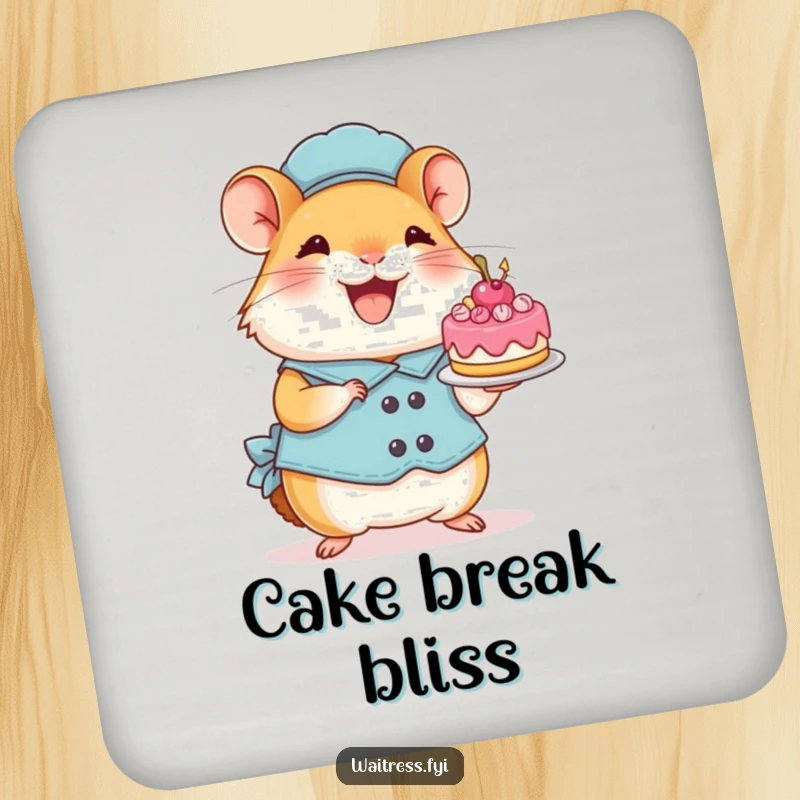 Funny Hamster Coaster: Features a perky hamster gleefully presenting a tiny decorated cake, a small piece of joy for your drinks.