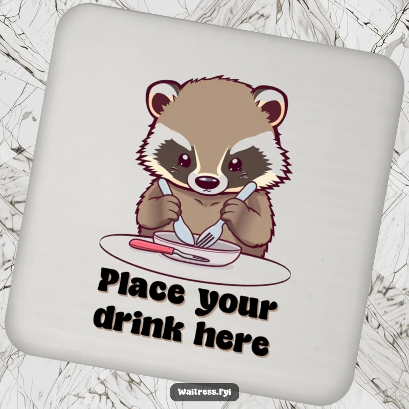 Funny Kawaii Badger Drink Coaster: An illustration of a cute badger carefully arranging forks, knives, and spoons.